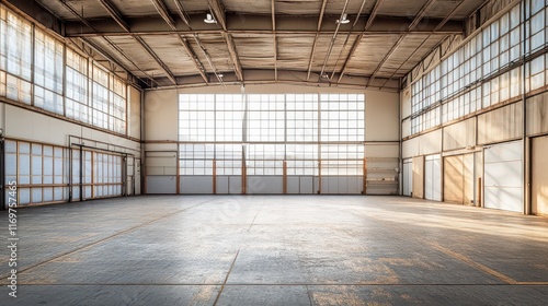 A spacious industrial warehouse interior featuring high ceilings and large windows, showcasing an empty commercial storage area with a clean, open layout. photo