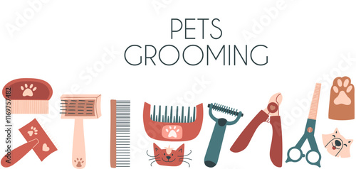 Dog and cat grooming design banner. Pet care vector background.