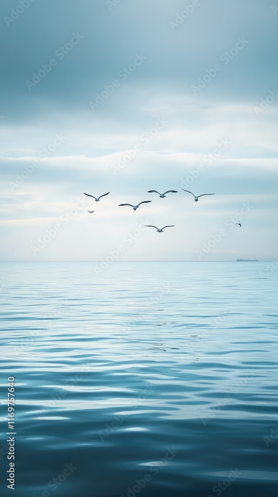 Tranquil Seascape with Birds Flying Over Calm Water Surface Tranquil Seascape with Birds Flying Over Calm Water Surface