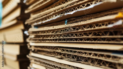 A stack of corrugated cardboard sheets is displayed, emphasizing their use in packaging, shipping, and eco-friendly material applications. photo