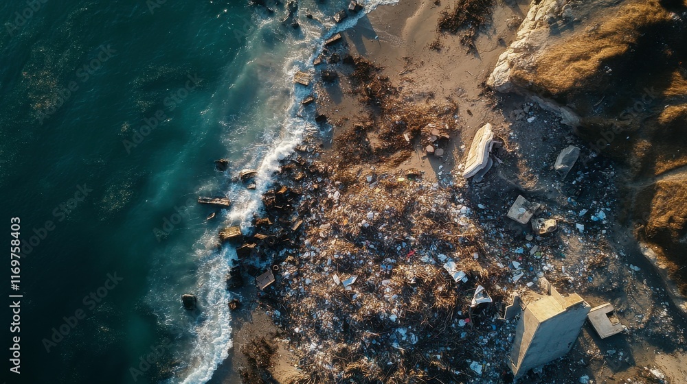 Obraz premium Aerial View of Beach Waste Crisis Under Bright Sunlight