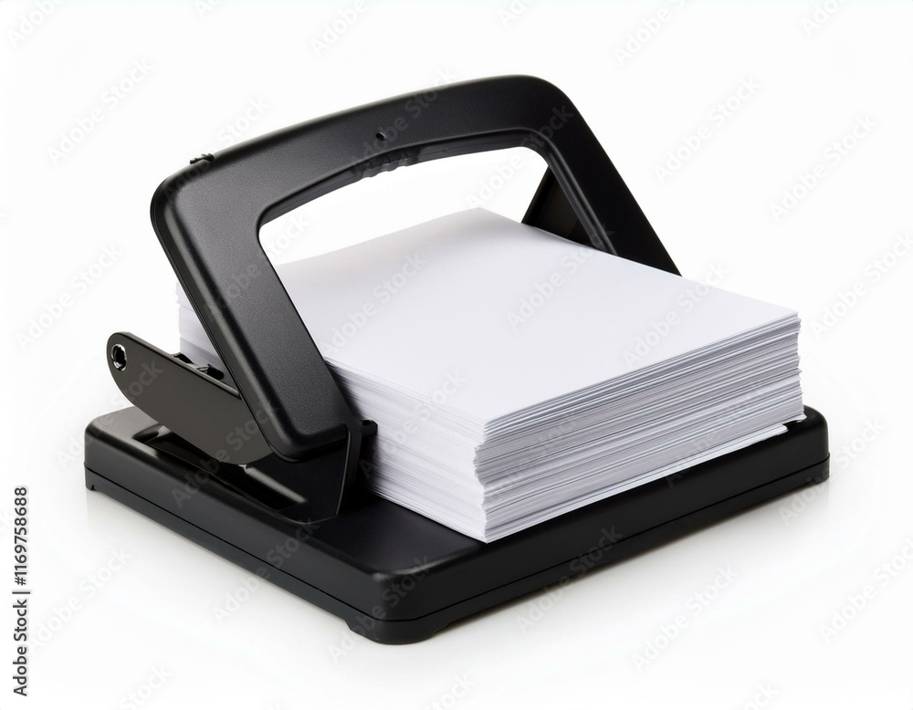 A sturdy black hole punch with a few sheets of white paper, isolated on a white background. A sturdy black hole punch with a few sheets of white paper, isolated on a white background.