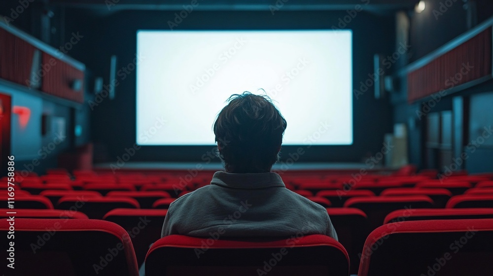 Person watching a blank movie screen in an empty cinema. Person watching a blank movie screen in an empty cinema.