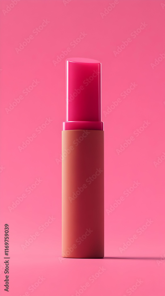 A pink lipstick tube against a vibrant pink background, emphasizing beauty and cosmetics. Work from home product A pink lipstick tube against a vibrant pink background, emphasizing beauty and cosmetics. Work from home product
