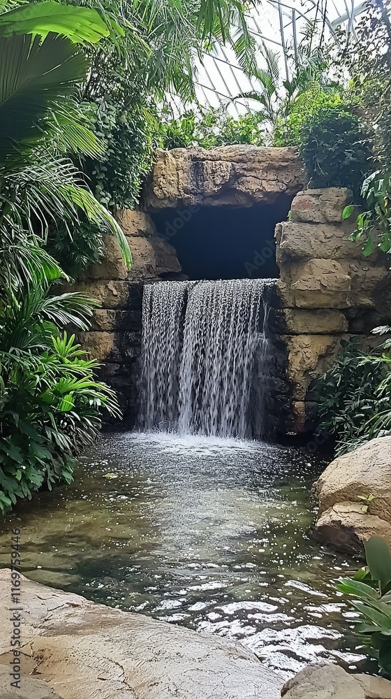 Naklejka premium Serene Waterfall in Lush Tropical Garden with Rock Formation
