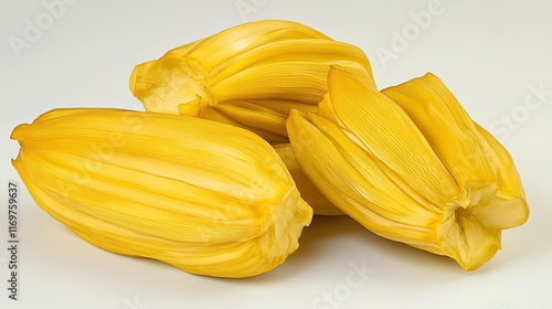 Three ripe jackfruit pods, peeled, showing vibrant yellow flesh.