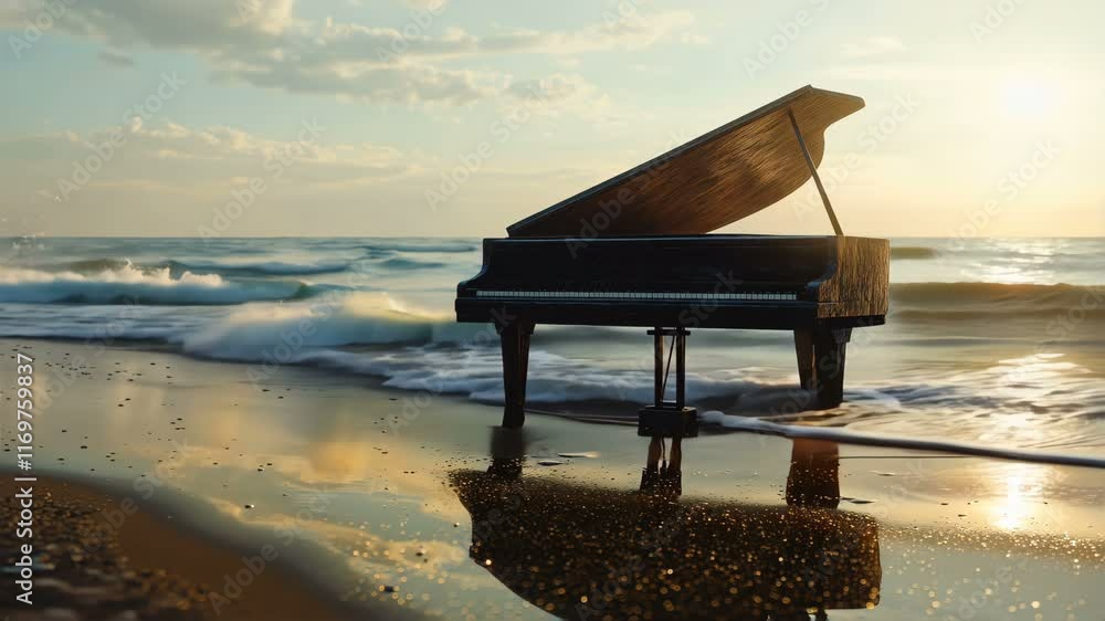 A Serene Grand Piano Beautifully Positioned Amidst Gentle Ocean Waves at a Colorful Sunset Horizon Scene A Serene Grand Piano Beautifully Positioned Amidst Gentle Ocean Waves at a Colorful Sunset Horizon Scene