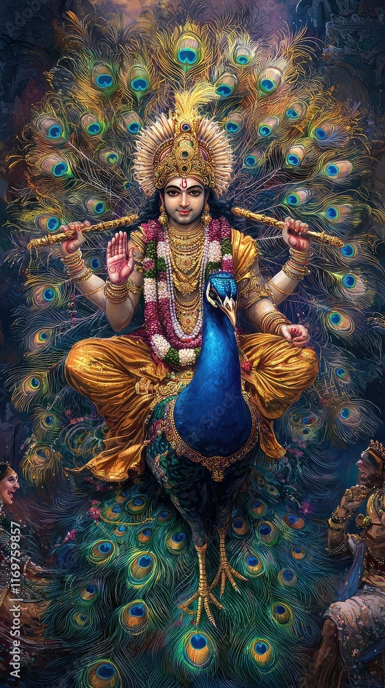 Fototapeta premium Divine Figure with Peacock Feathers and Colorful Background Artwork