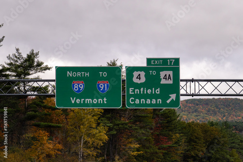 exit sign on Interstate 89 for Exit 17 for US-4 to NH-4A toward Enfield and Canaan, New Hampshire and North on I-89 to I-91 toward Vermont