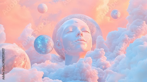 A surreal space-inspired composition featuring planetary models set against a soft pink and blue pastel background. photo