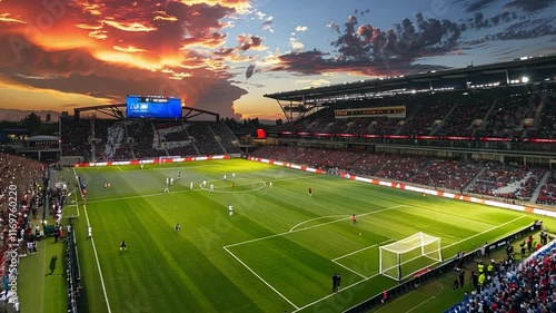 This Fans cheer and players compete in an intense football match as the sun sets dramatically.