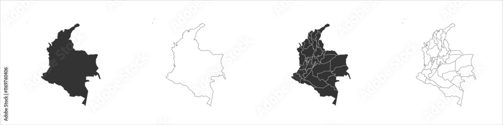 Colombia set of three maps - solid map, outline map and map highlighting administrative divisions. Three distinct maps illustrate various representations of a geographical area. Colombia set of three maps - solid map, outline map and map highlighting administrative divisions. Three distinct maps illustrate various representations of a geographical area.