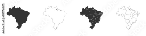Brazil set of three maps - solid map, outline map and map highlighting administrative divisions. Three distinct maps illustrate various representations of a geographical area.