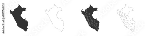 Peru set of three maps - solid map, outline map and map highlighting administrative divisions. Three distinct maps illustrate various representations of a geographical area.
