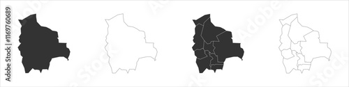 Bolivia set of three maps - solid map, outline map and map highlighting administrative divisions. Three distinct maps illustrate various representations of a geographical area.