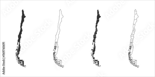 Chile set of three maps - solid map, outline map and map highlighting administrative divisions. Three distinct maps illustrate various representations of a geographical area.