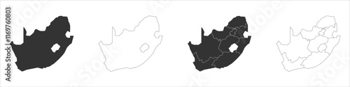 South Africa set of three maps - solid map, outline map and map highlighting administrative divisions. Three distinct maps illustrate various representations of a geographical area.