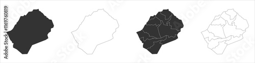 Lesotho set of three maps - solid map, outline map and map highlighting administrative divisions. Three distinct maps illustrate various representations of a geographical area.