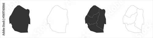 Eswatini set of three maps - solid map, outline map and map highlighting administrative divisions. Three distinct maps illustrate various representations of a geographical area.