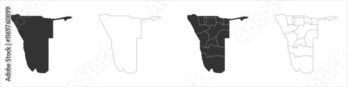 Namibia set of three maps - solid map, outline map and map highlighting administrative divisions. Three distinct maps illustrate various representations of a geographical area.