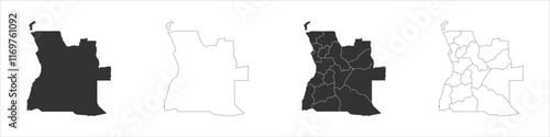 Angola set of three maps - solid map, outline map and map highlighting administrative divisions. Three distinct maps illustrate various representations of a geographical area.