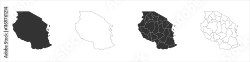 Tanzania set of three maps - solid map, outline map and map highlighting administrative divisions. Three distinct maps illustrate various representations of a geographical area.