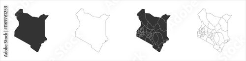 Kenya set of three maps - solid map, outline map and map highlighting administrative divisions. Three distinct maps illustrate various representations of a geographical area.