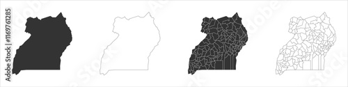 Uganda set of three maps - solid map, outline map and map highlighting administrative divisions. Three distinct maps illustrate various representations of a geographical area.