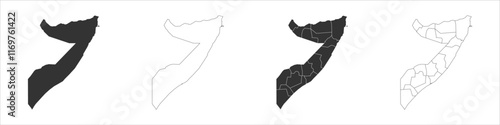 Somalia set of three maps - solid map, outline map and map highlighting administrative divisions. Three distinct maps illustrate various representations of a geographical area.