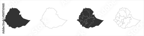 Ethiopia set of three maps - solid map, outline map and map highlighting administrative divisions. Three distinct maps illustrate various representations of a geographical area.