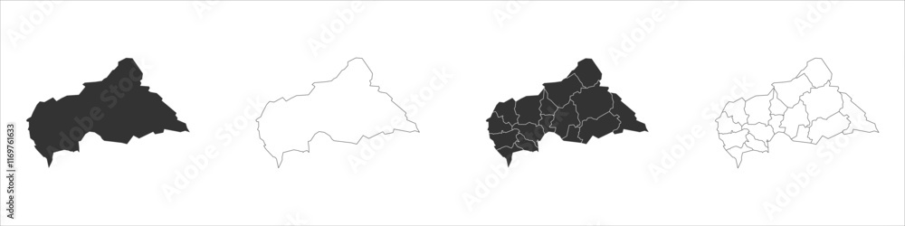 Fototapeta premium Central African Republic set of three maps - solid map, outline map and map highlighting administrative divisions. Three distinct maps illustrate various representations of a geographical area.