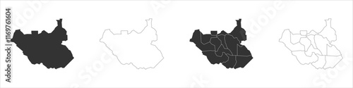 South Sudan set of three maps - solid map, outline map and map highlighting administrative divisions. Three distinct maps illustrate various representations of a geographical area.