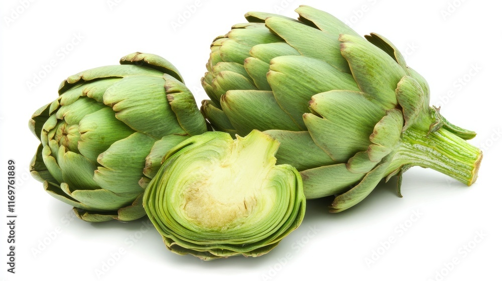 Obraz premium Two whole artichokes and one halved artichoke on white background.