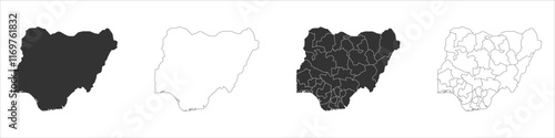 Nigeria set of three maps - solid map, outline map and map highlighting administrative divisions. Three distinct maps illustrate various representations of a geographical area.