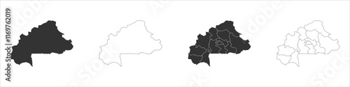 Burkina Faso set of three maps - solid map, outline map and map highlighting administrative divisions. Three distinct maps illustrate various representations of a geographical area.