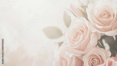 Fototapeta Naklejka Na Ścianę i Meble -  A vertical blank wedding invitation card featuring an elegant bouquet of pale pink roses on a soft background, perfect for conveying a sense of romance and sophistication.