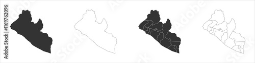 Liberia set of three maps - solid map, outline map and map highlighting administrative divisions. Three distinct maps illustrate various representations of a geographical area.