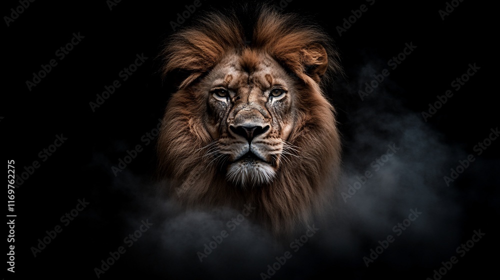 Fototapeta premium Majestic lion portrait in smoky darkness.