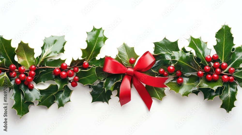 Festive holly sprig border with red berries and ribbon on white. Festive holly sprig border with red berries and ribbon on white.