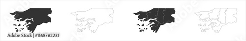 Guinea-Bissau set of three maps - solid map, outline map and map highlighting administrative divisions. Three distinct maps illustrate various representations of a geographical area.