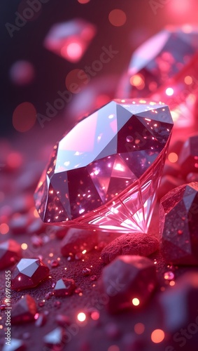 3 d red diamond among gemstone. Jewelry concept. Background for a smartphone screen. Valentines design photo