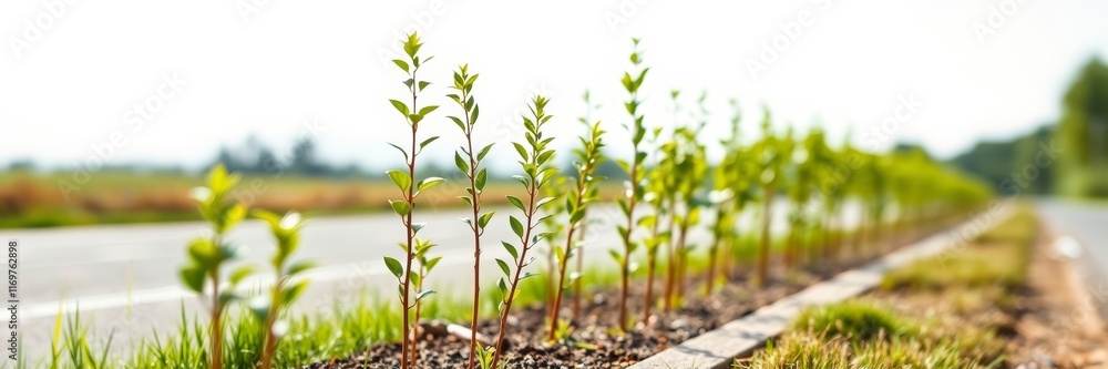 Obraz premium Newly planted green saplings alongside a rural road conveying a sense of hope and growth during a sunny day representing community volunteering efforts to enhance the environment