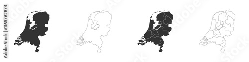 Netherlands set of three maps - solid map, outline map and map highlighting administrative divisions. Three distinct maps illustrate various representations of a geographical area.