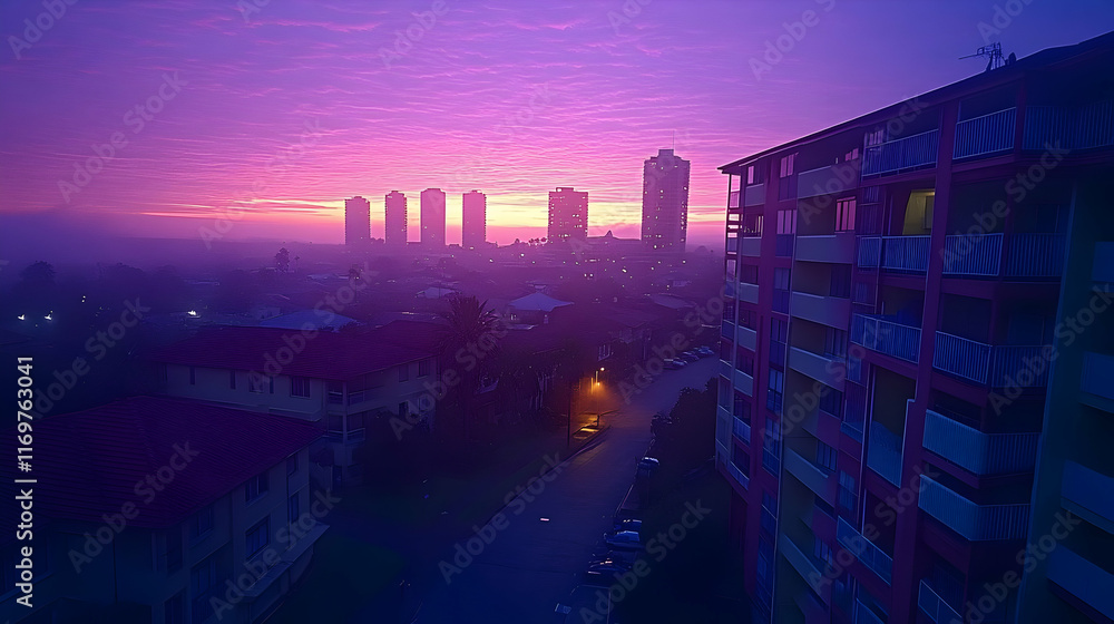 Obraz premium Vibrant sunrise over city skyline with apartment buildings and fog.