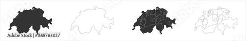 Switzerland set of three maps - solid map, outline map and map highlighting administrative divisions. Three distinct maps illustrate various representations of a geographical area. photo