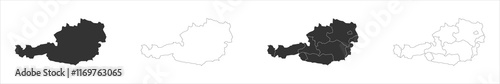 Austria set of three maps - solid map, outline map and map highlighting administrative divisions. Three distinct maps illustrate various representations of a geographical area.
