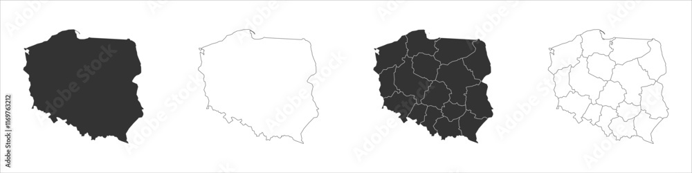Poland set of three maps - solid map, outline map and map highlighting administrative divisions. Three distinct maps illustrate various representations of a geographical area. Poland set of three maps - solid map, outline map and map highlighting administrative divisions. Three distinct maps illustrate various representations of a geographical area.