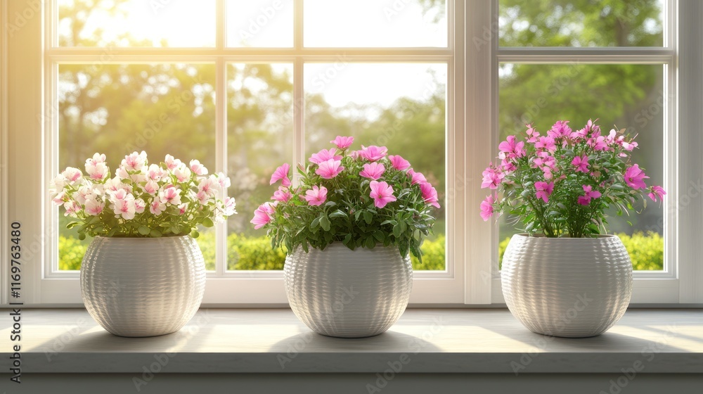 Fototapeta premium Three potted flowers on sunny windowsill.