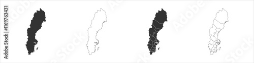 Sweden set of three maps - solid map, outline map and map highlighting administrative divisions. Three distinct maps illustrate various representations of a geographical area. photo