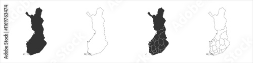 Finland set of three maps - solid map, outline map and map highlighting administrative divisions. Three distinct maps illustrate various representations of a geographical area.
